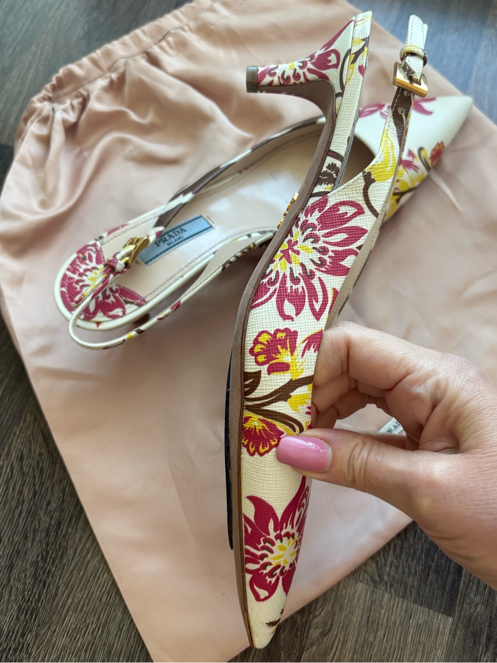 Prada Cream Floral Slingback Heels with Pink & Yellow Accents